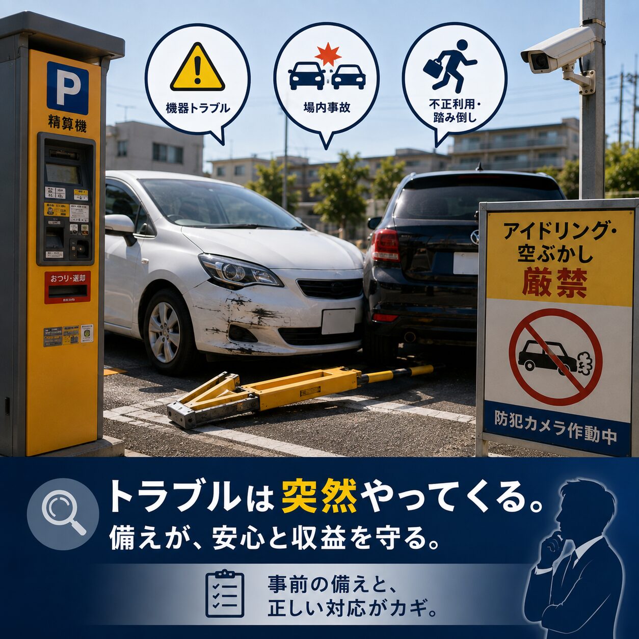 コインパーキングの場内トラブル解決マニュアル|事故・機器故障・不正利用にオーナーはどう立ち向かうべきか? コインパーキングの場内トラブル解決マニュアル|事故・機器故障・不正利用にオーナーはどう立ち向かうべきか?